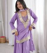 Purple georgette palazzo suit with real mirror embroidery