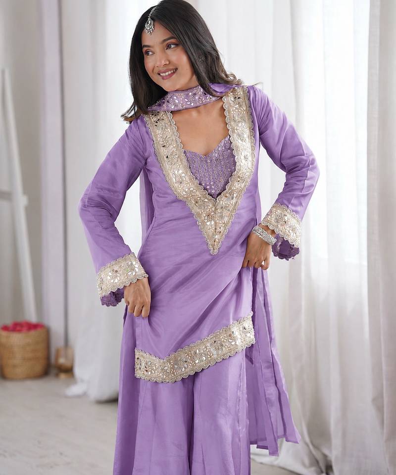 Purple georgette palazzo suit with real mirror embroidery