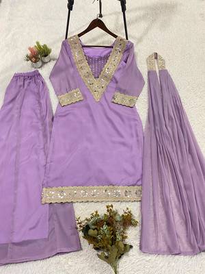 Purple georgette palazzo suit with real mirror embroidery 2