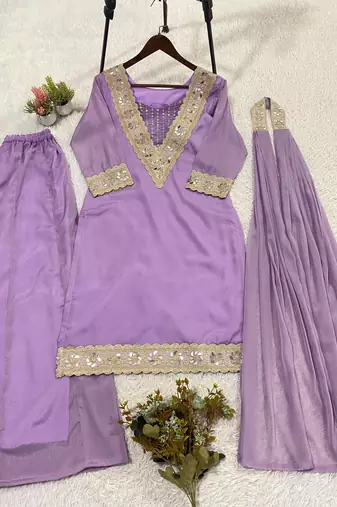 Purple georgette palazzo suit with real mirror embroidery