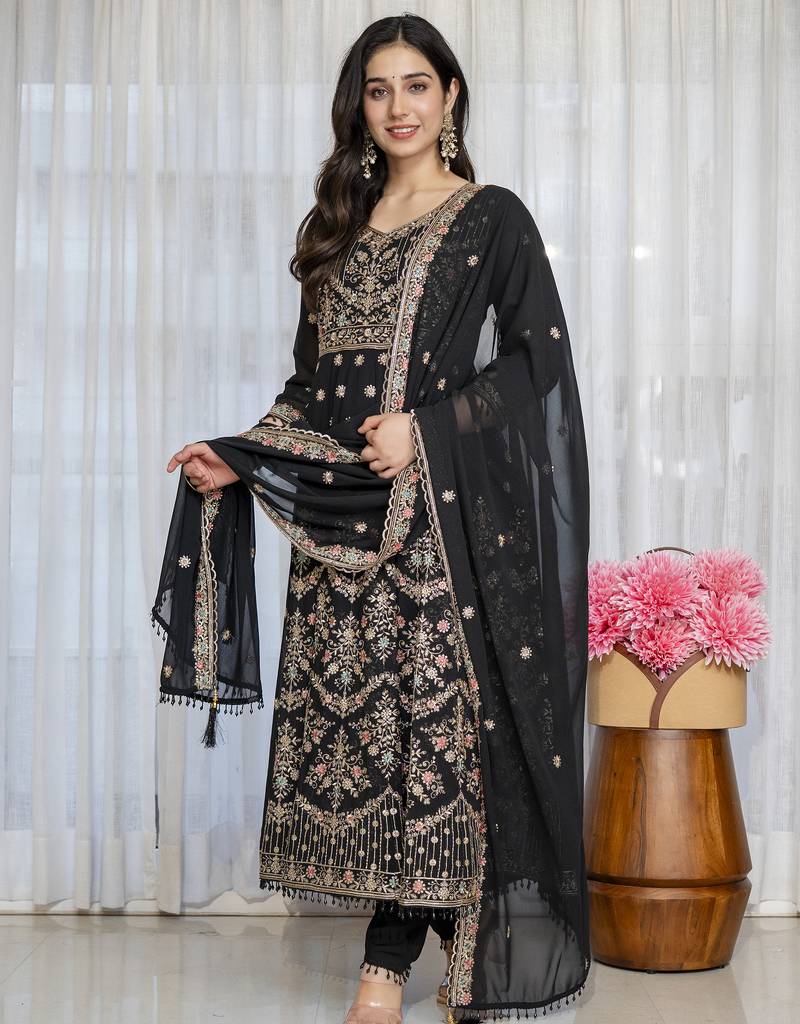 Black faux georgette  party wear embroidery  suit set
