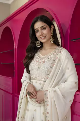 Cream faux georgette  party wear embroidery  suit set