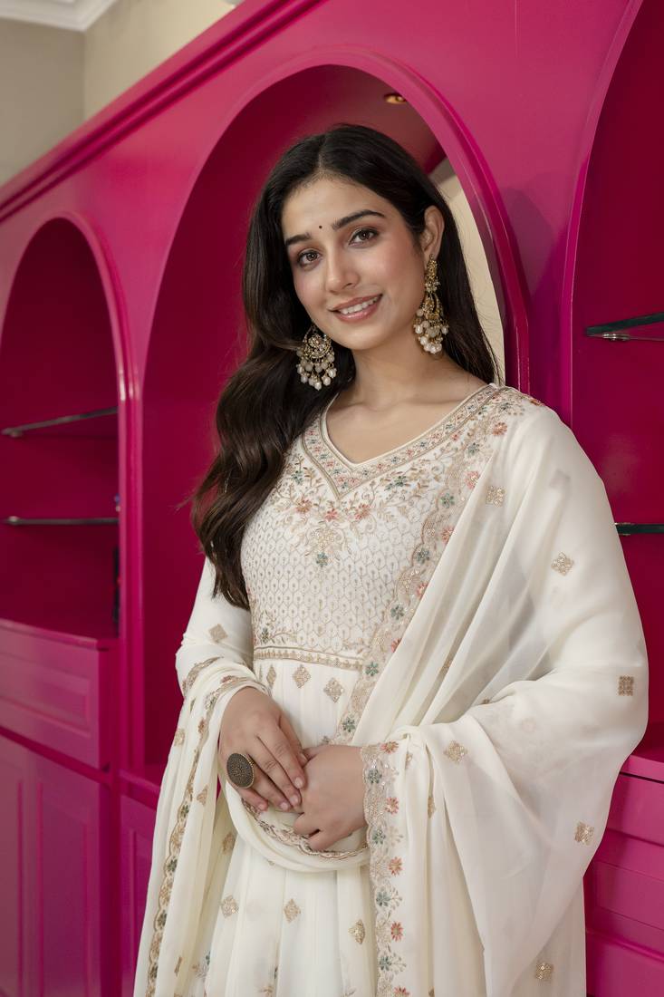 Cream faux georgette  party wear embroidery  suit set