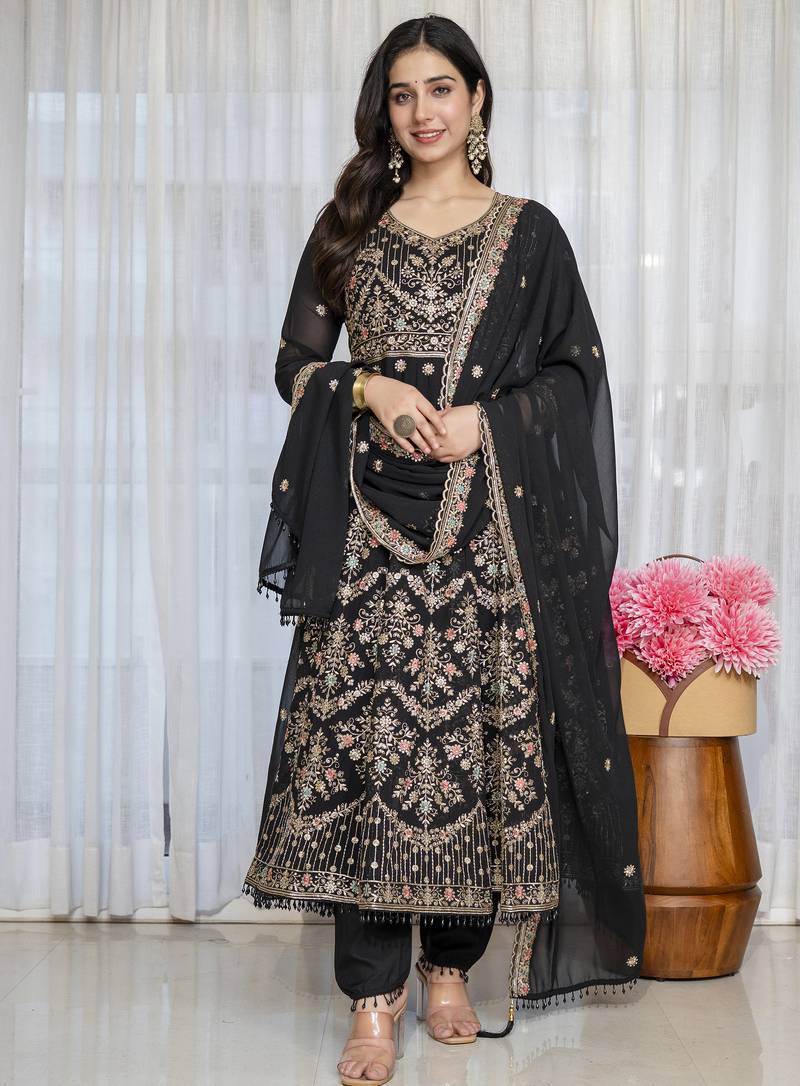 Black faux georgette  party wear embroidery  suit set