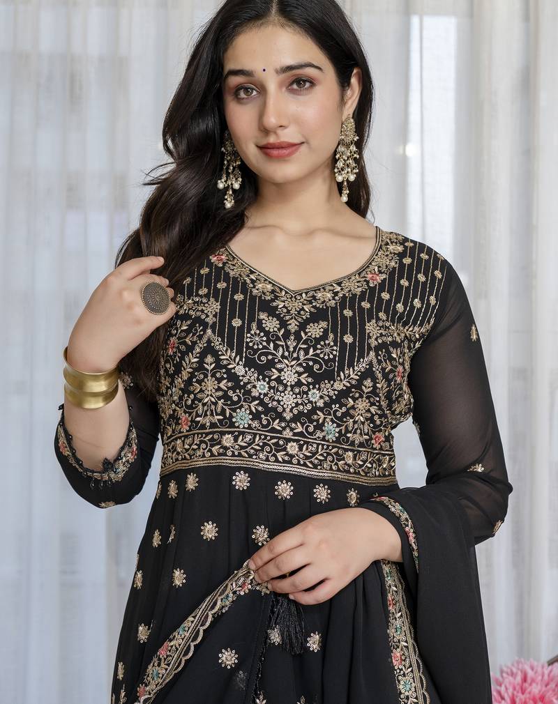 Black faux georgette  party wear embroidery  suit set