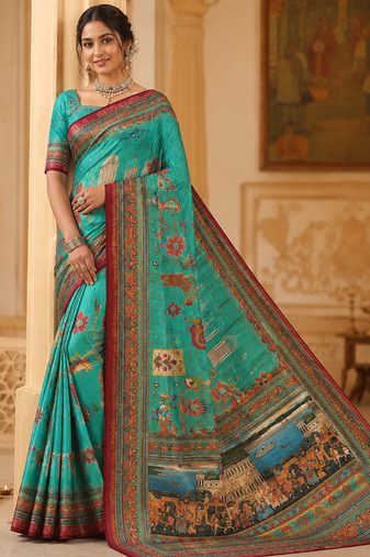 emerald digital printing with dori and pasmina silk saree