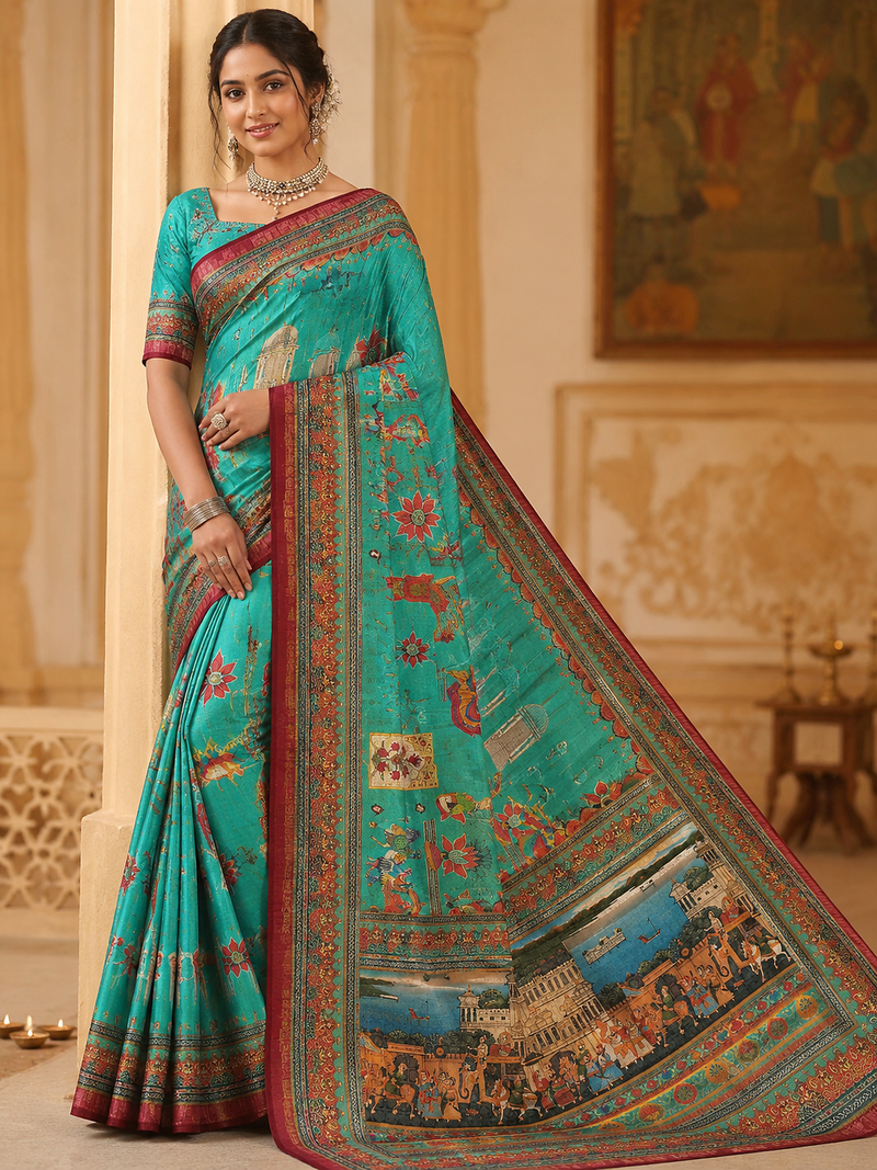 emerald digital printing with dori and pasmina silk saree