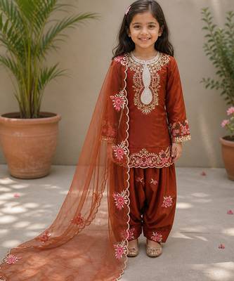 Natural crepe  embroidery orange readymade salwar suit 1