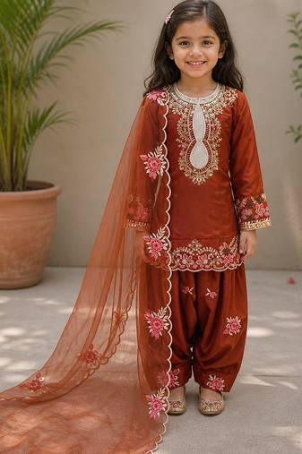 Natural crepe  embroidery orange readymade salwar suit