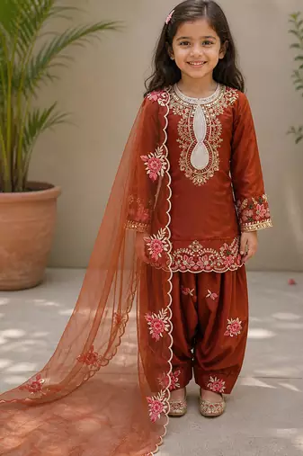 Natural crepe  embroidery orange readymade salwar suit