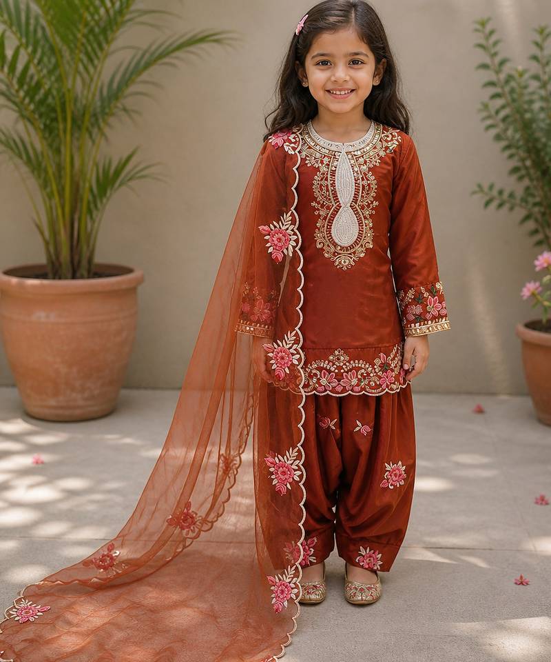 Natural crepe  embroidery orange readymade salwar suit