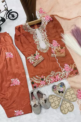 Natural crepe  embroidery orange readymade salwar suit