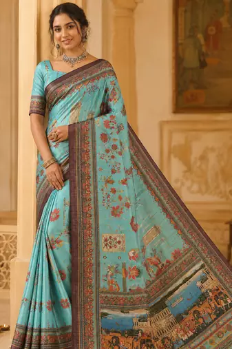 sky blue digital printing with dori and pasmina silk saree