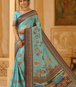 sky blue digital printing with dori and pasmina silk saree