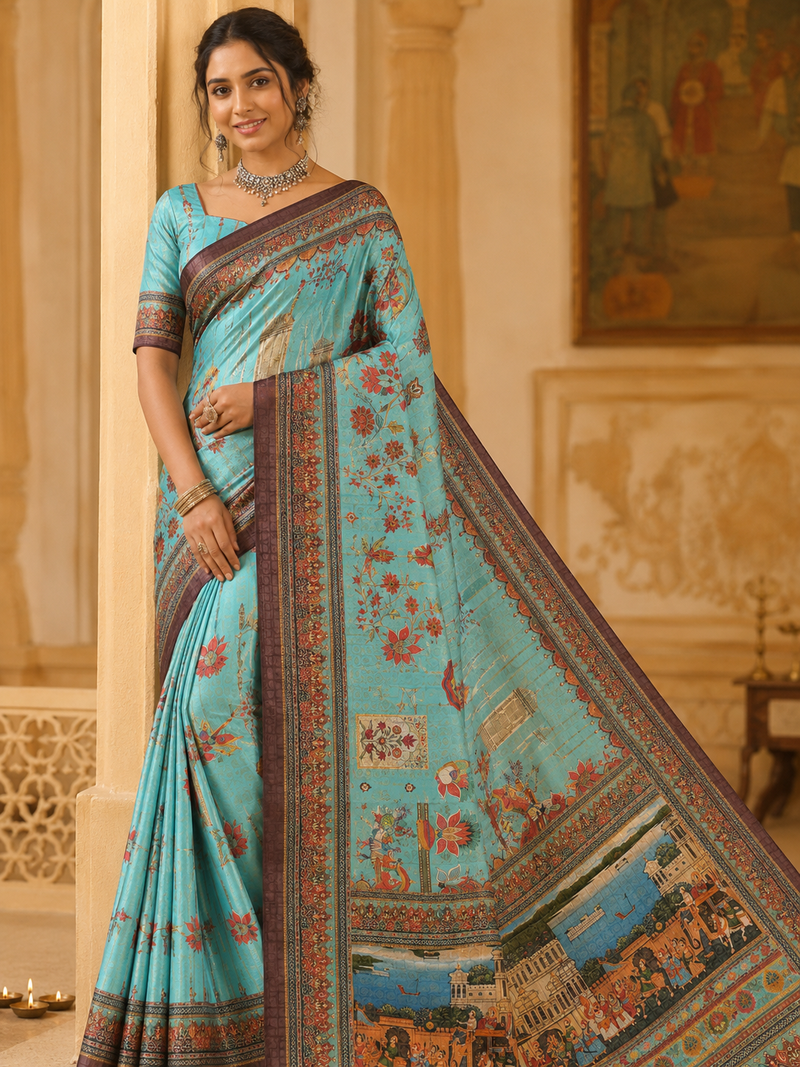 sky blue digital printing with dori and pasmina silk saree