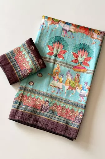 sky blue digital printing with dori and pasmina silk saree