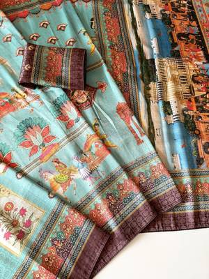 sky blue digital printing with dori and pasmina silk saree 4