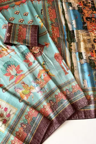 sky blue digital printing with dori and pasmina silk saree