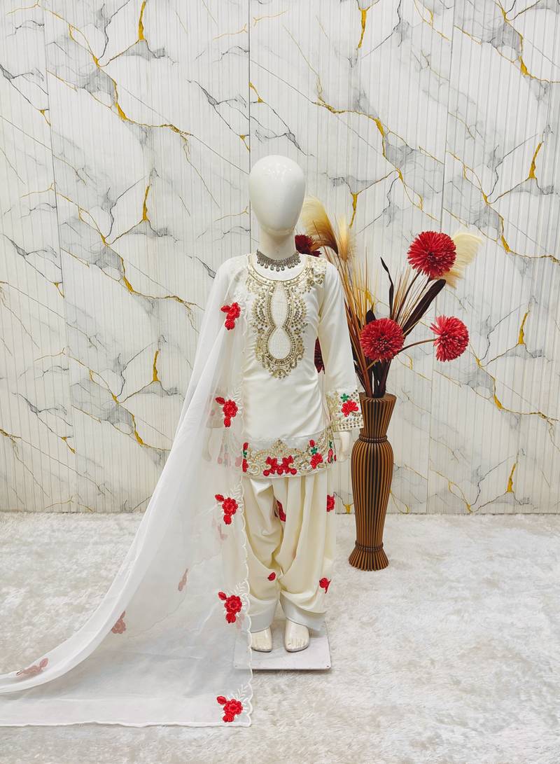 Natural crepe embroidery white readymade salwar suit