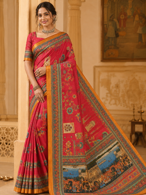 pink digital printing with dori and pasmina silk saree 1