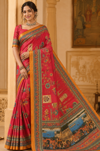 pink digital printing with dori and pasmina silk saree