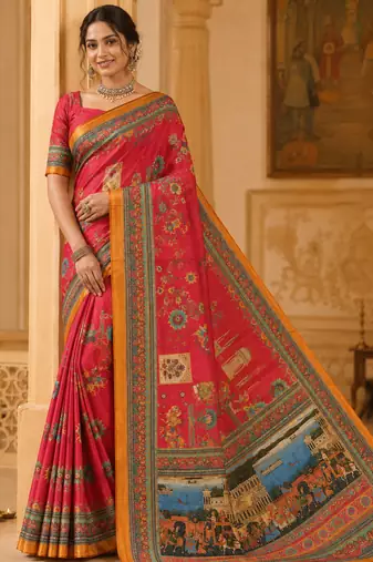 pink digital printing with dori and pasmina silk saree