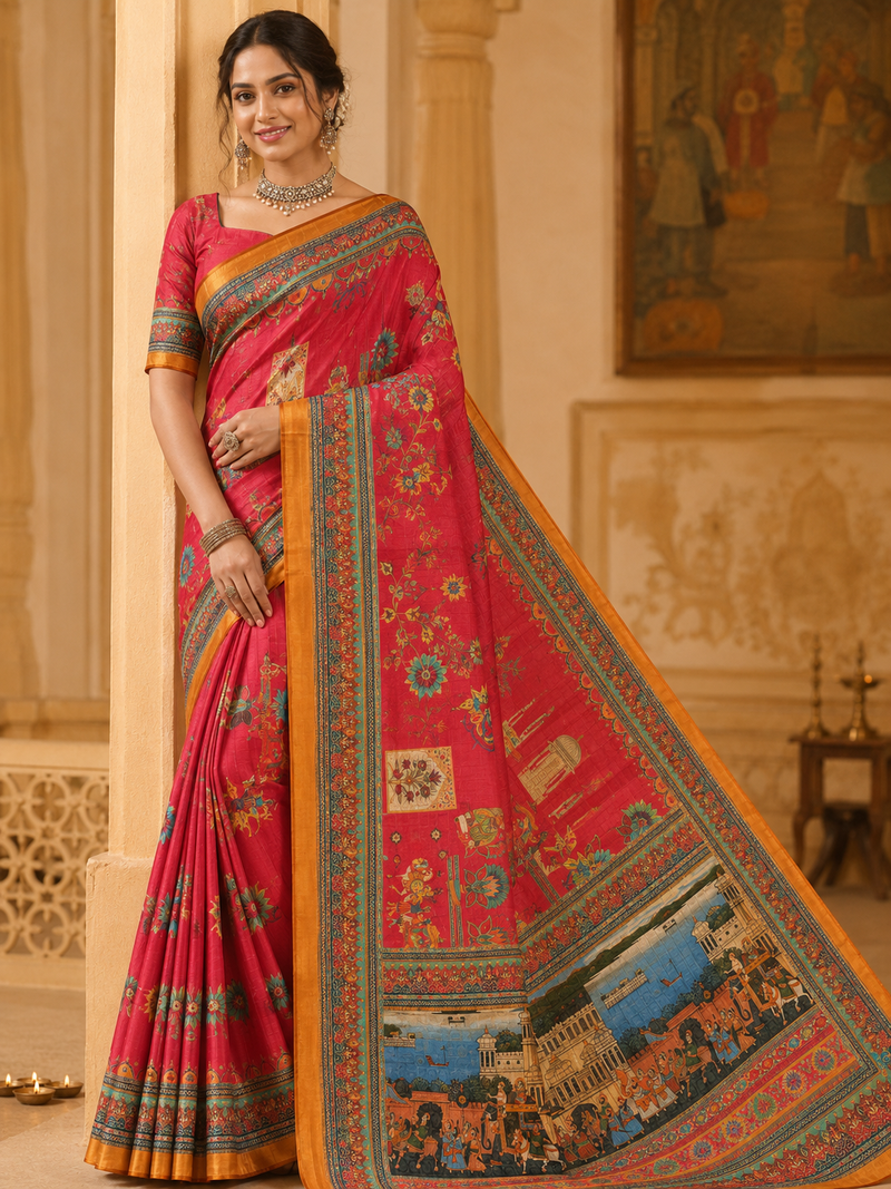 pink digital printing with dori and pasmina silk saree