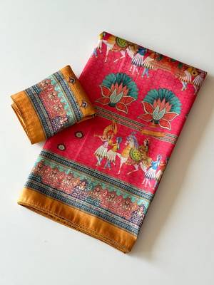 pink digital printing with dori and pasmina silk saree 2