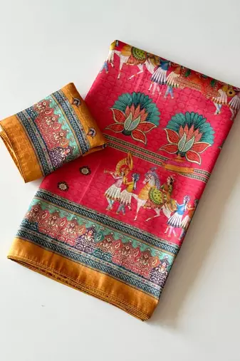pink digital printing with dori and pasmina silk saree