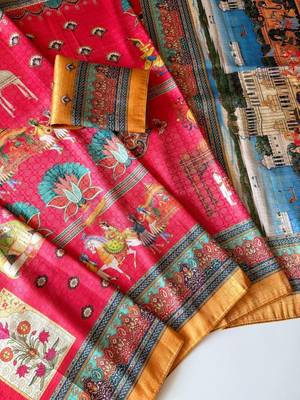 pink digital printing with dori and pasmina silk saree 3