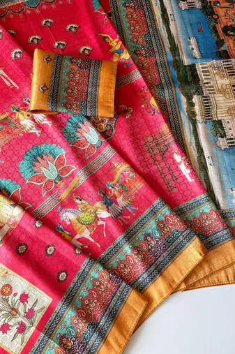 pink digital printing with dori and pasmina silk saree