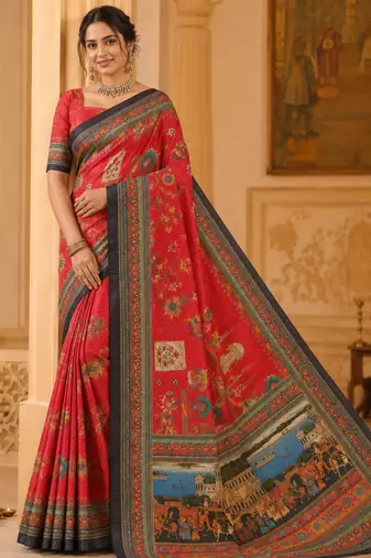 red digital printing with dori and pasmina silk saree