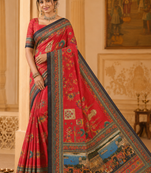 red digital printing with dori and pasmina silk saree
