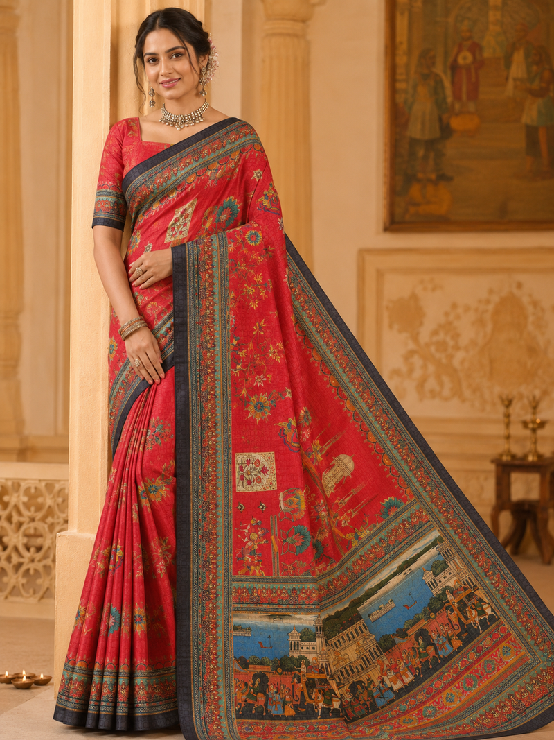 red digital printing with dori and pasmina silk saree