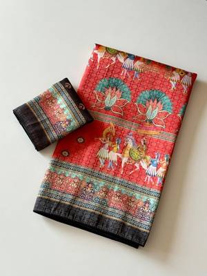 red digital printing with dori and pasmina silk saree 2