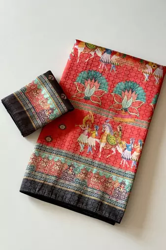 red digital printing with dori and pasmina silk saree