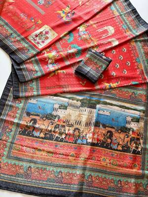 red digital printing with dori and pasmina silk saree 3
