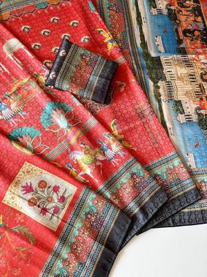 red digital printing with dori and pasmina silk saree 4