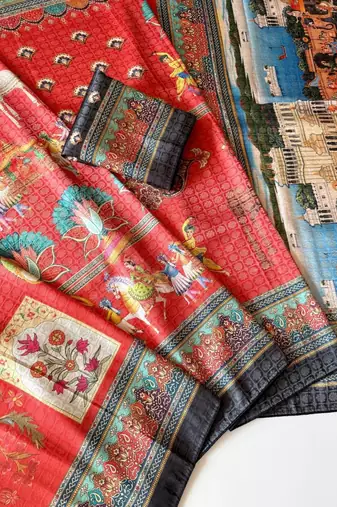 red digital printing with dori and pasmina silk saree