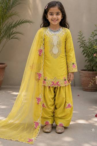 Natural crepe  embroidery yellow readymade salwar suit