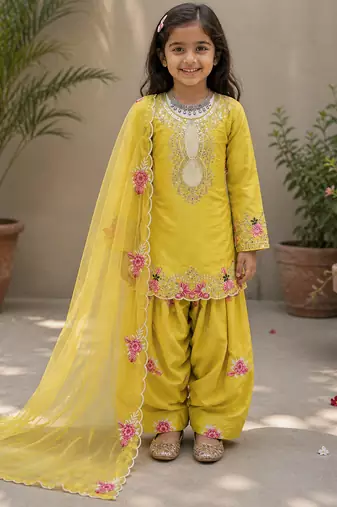 Natural crepe  embroidery yellow readymade salwar suit