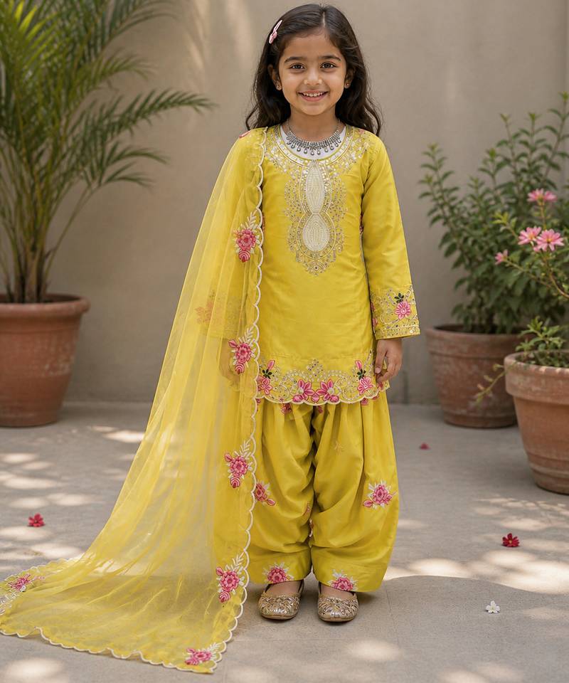 Natural crepe  embroidery yellow readymade salwar suit