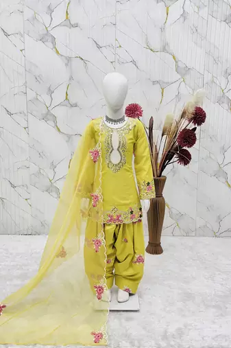 Natural crepe  embroidery yellow readymade salwar suit