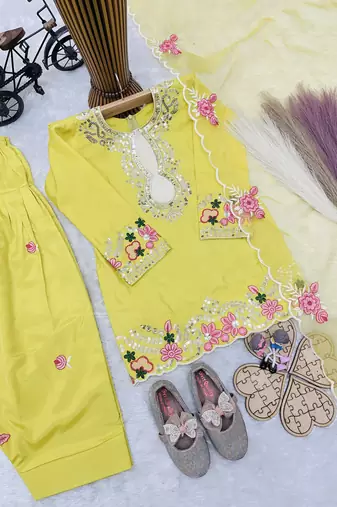 Natural crepe  embroidery yellow readymade salwar suit