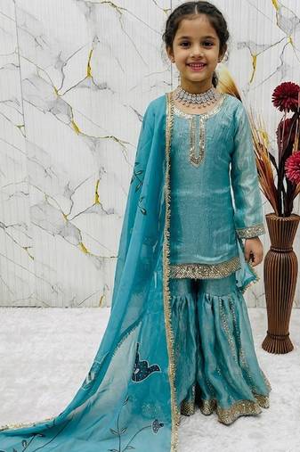 Fendi silk  embroidery sky blue readymade salwar suit