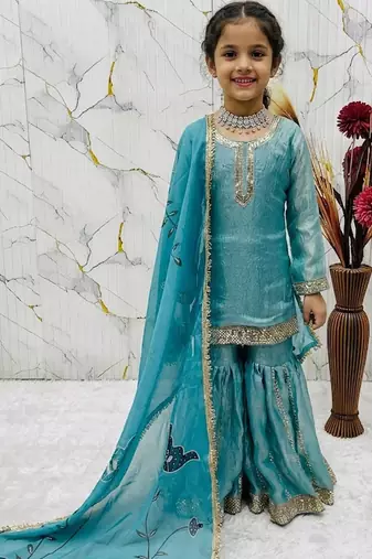 Fendi silk  embroidery sky blue readymade salwar suit