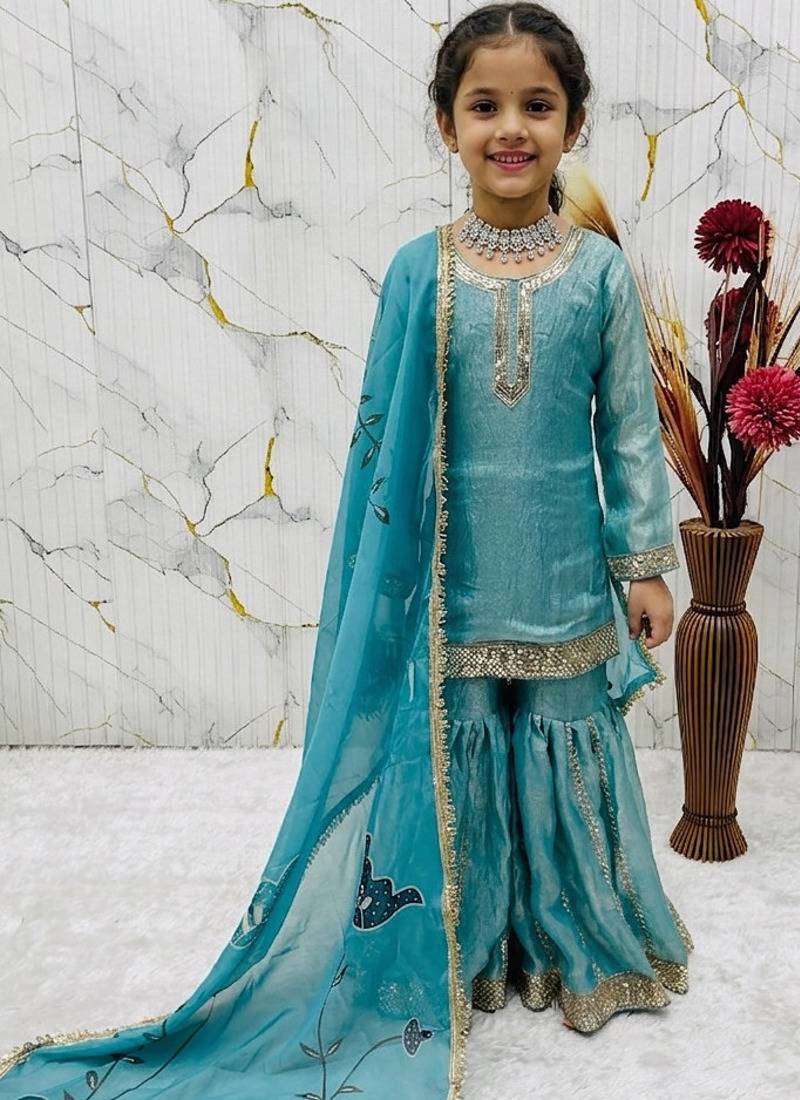 Fendi silk  embroidery sky blue readymade salwar suit