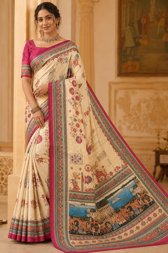 cream-pink digital printing with dori and pasmina silk saree