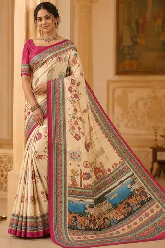 cream-pink digital printing with dori and pasmina silk saree