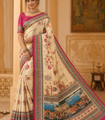 cream-pink digital printing with dori and pasmina silk saree